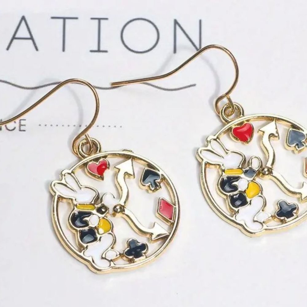 NEW Alice in Wonderland White Rabbit Enameled Gold Drop Earrings Pierced